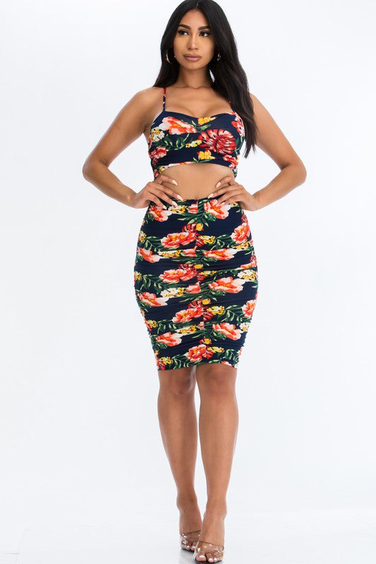 Floral Ruched Crop Top & Skirt Set