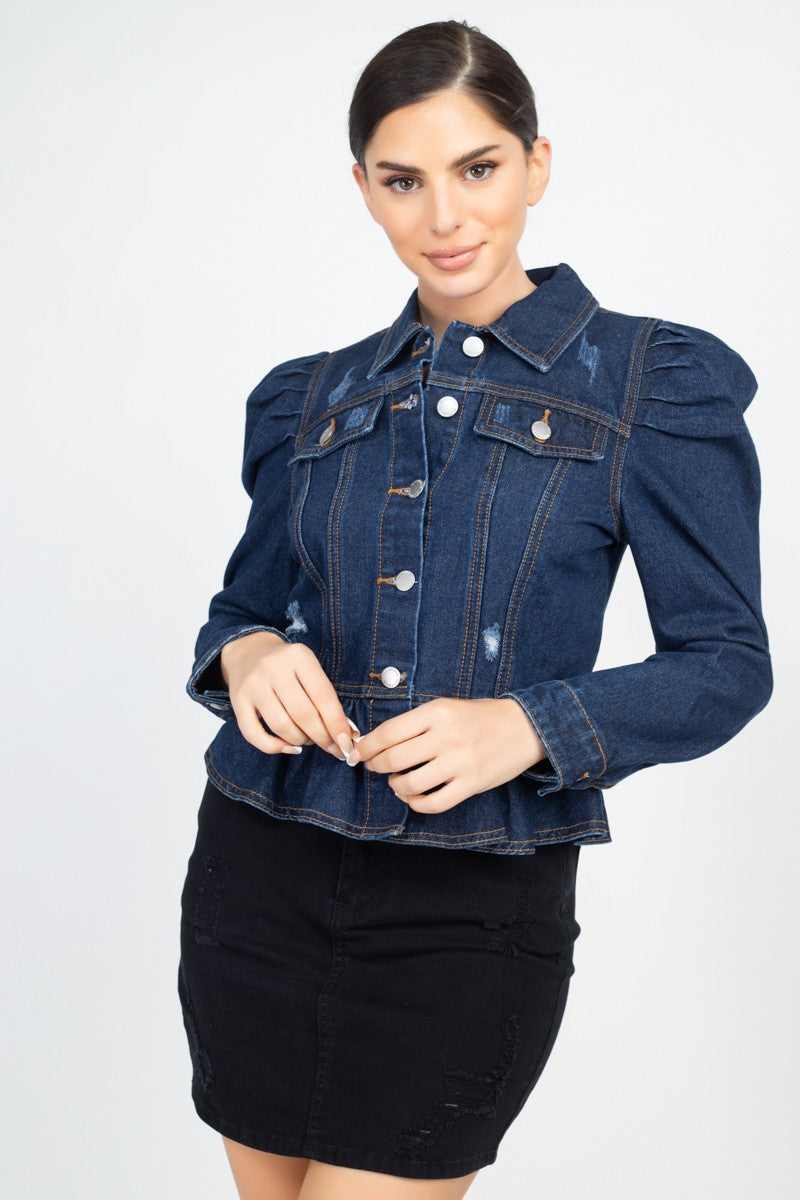 Peplum Puff Sleeve Denim Jacket