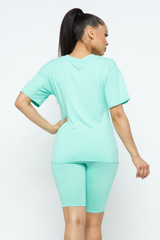 Mint V Neck Basic T-Shirts Top and Bike Shorts Set