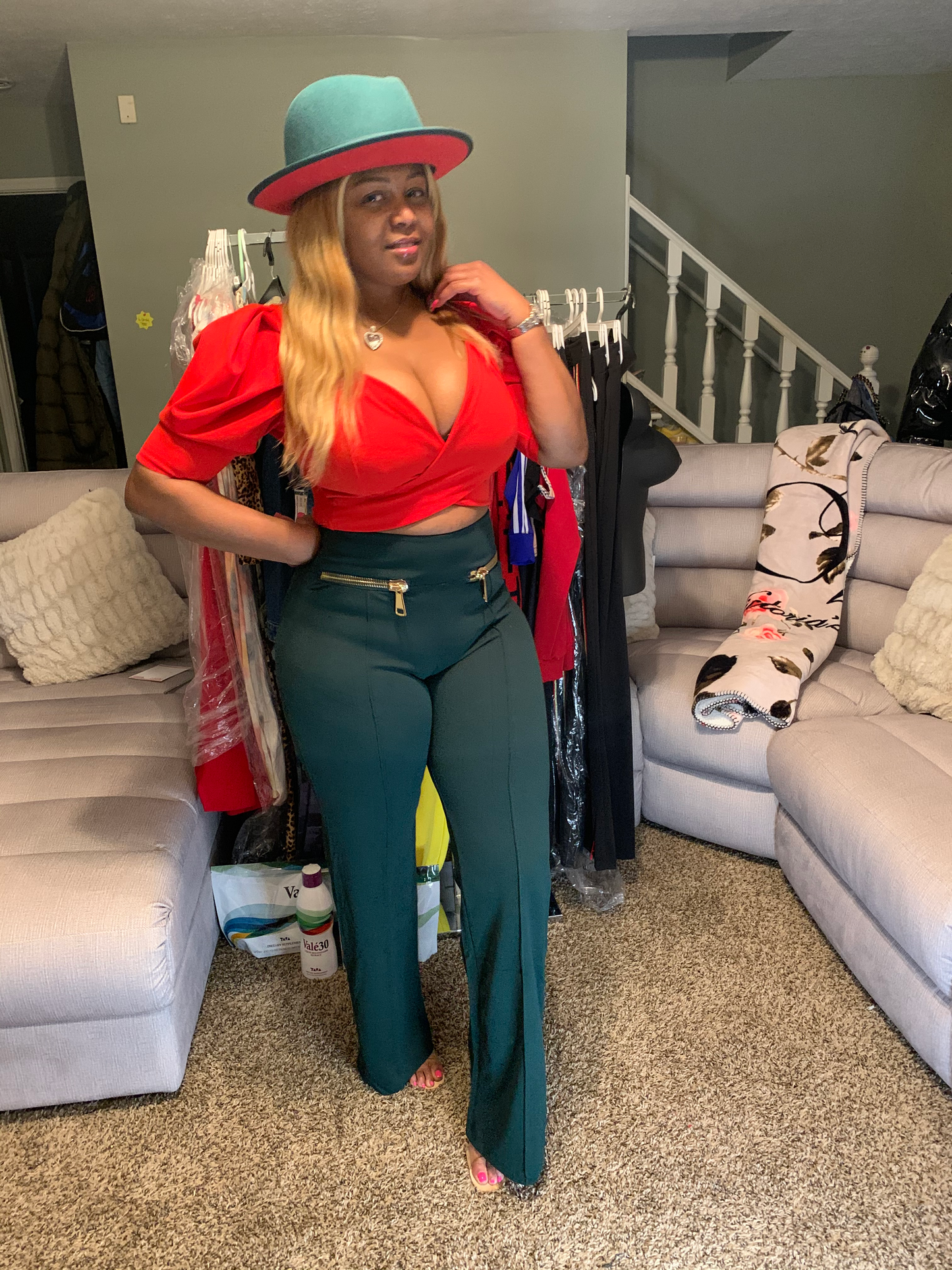 Hunter Green Gold Zip High Waisted Pants