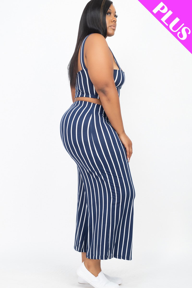 Plus Size Striped Crop Top & Wide Leg Pants Set
