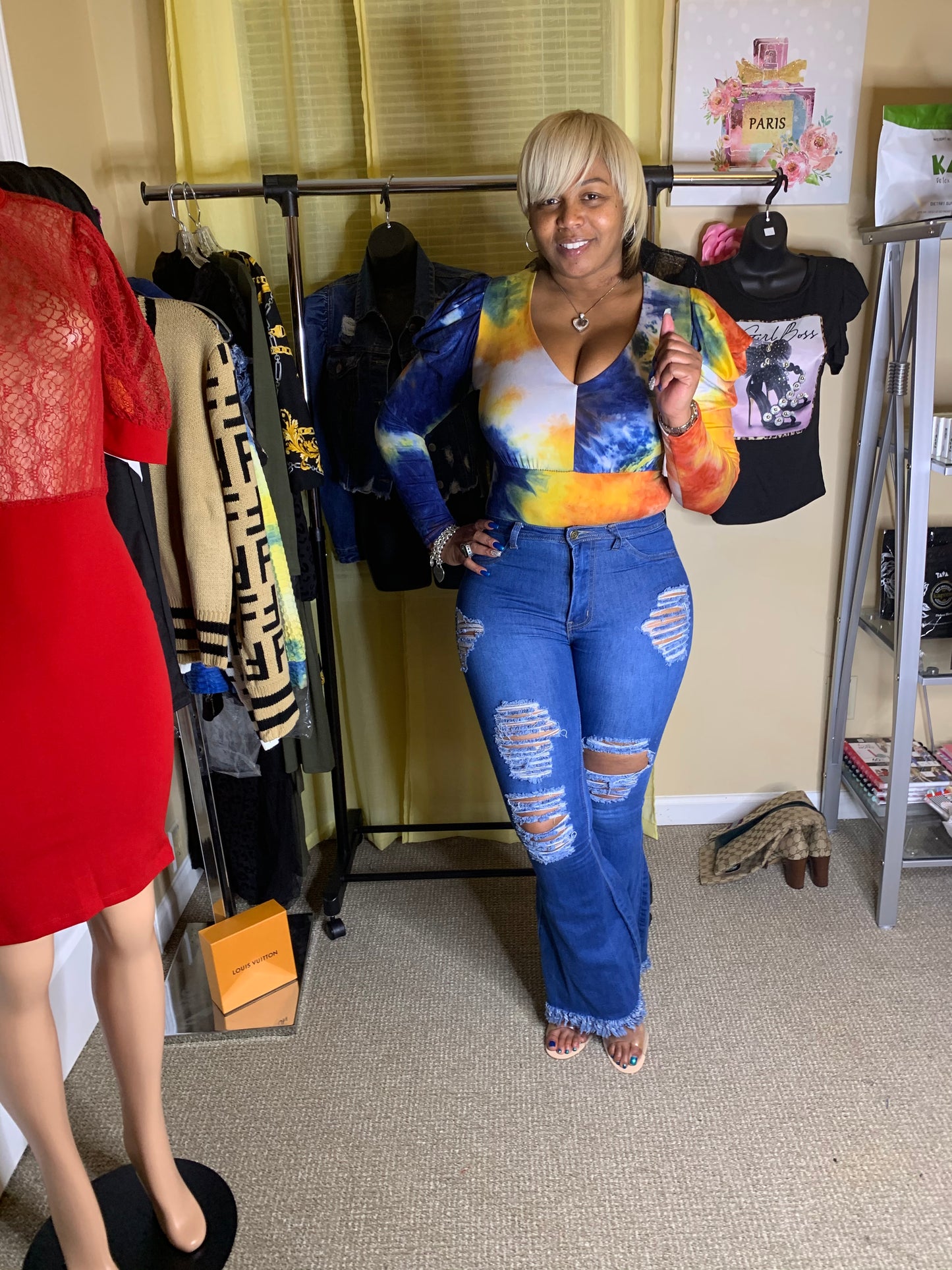 TIE-DYE LONG PUFF SLEEVE V-NECK BODYSUIT