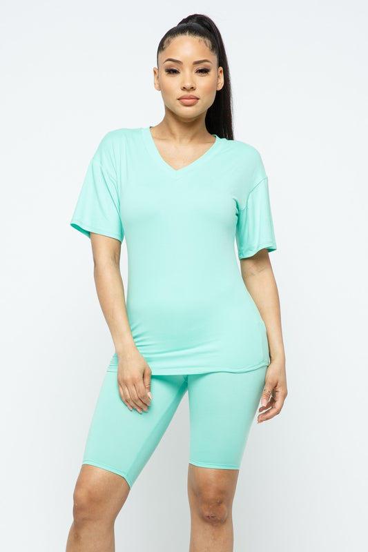 Mint V Neck Basic T-Shirts Top and Bike Shorts Set