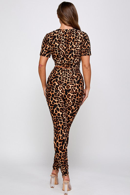 LEOPARD BRUSHED ROUND NECK TOP AND LEGGINGS SET