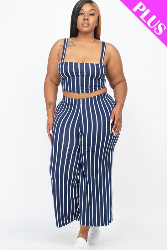 Plus Size Striped Crop Top & Wide Leg Pants Set